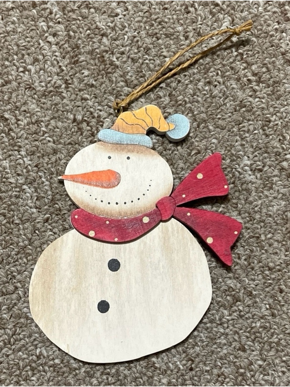 Wooden Snowman Ornament With Red Scarf And Blue/Yellow Hat